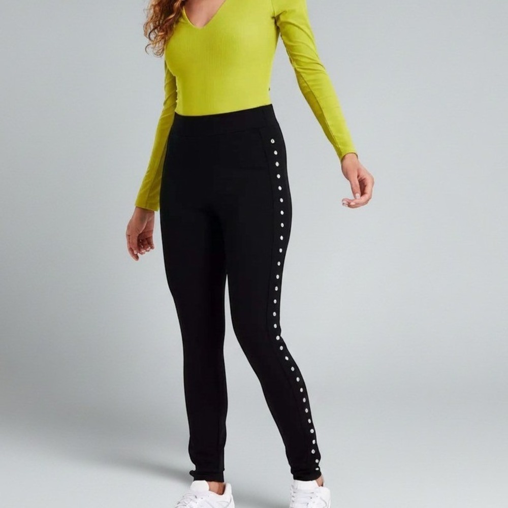 bar III Leggings Womens Small Black Side Studded Pull On Work Out Stretch NWT